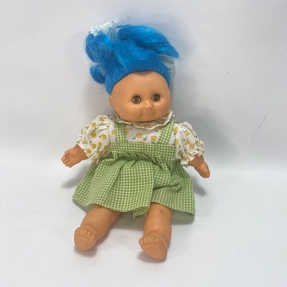 Vintage 1985 Blue Haired Baby Doll 10" Paul Well, Inc. Open Close Eyes Dressed - Picture 1 of 10